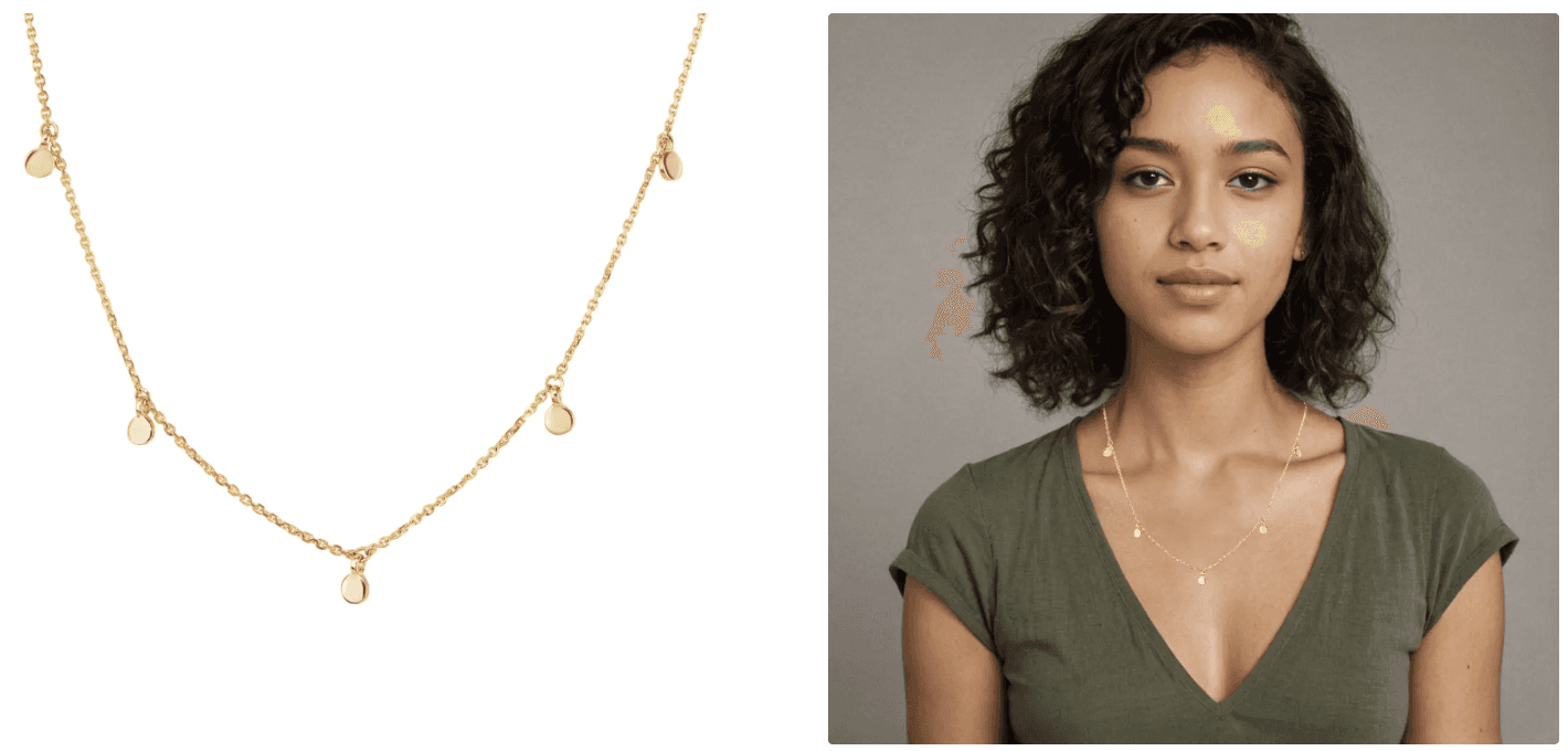 Before and after AI lifestyle photo of gold necklace worn by model in studio