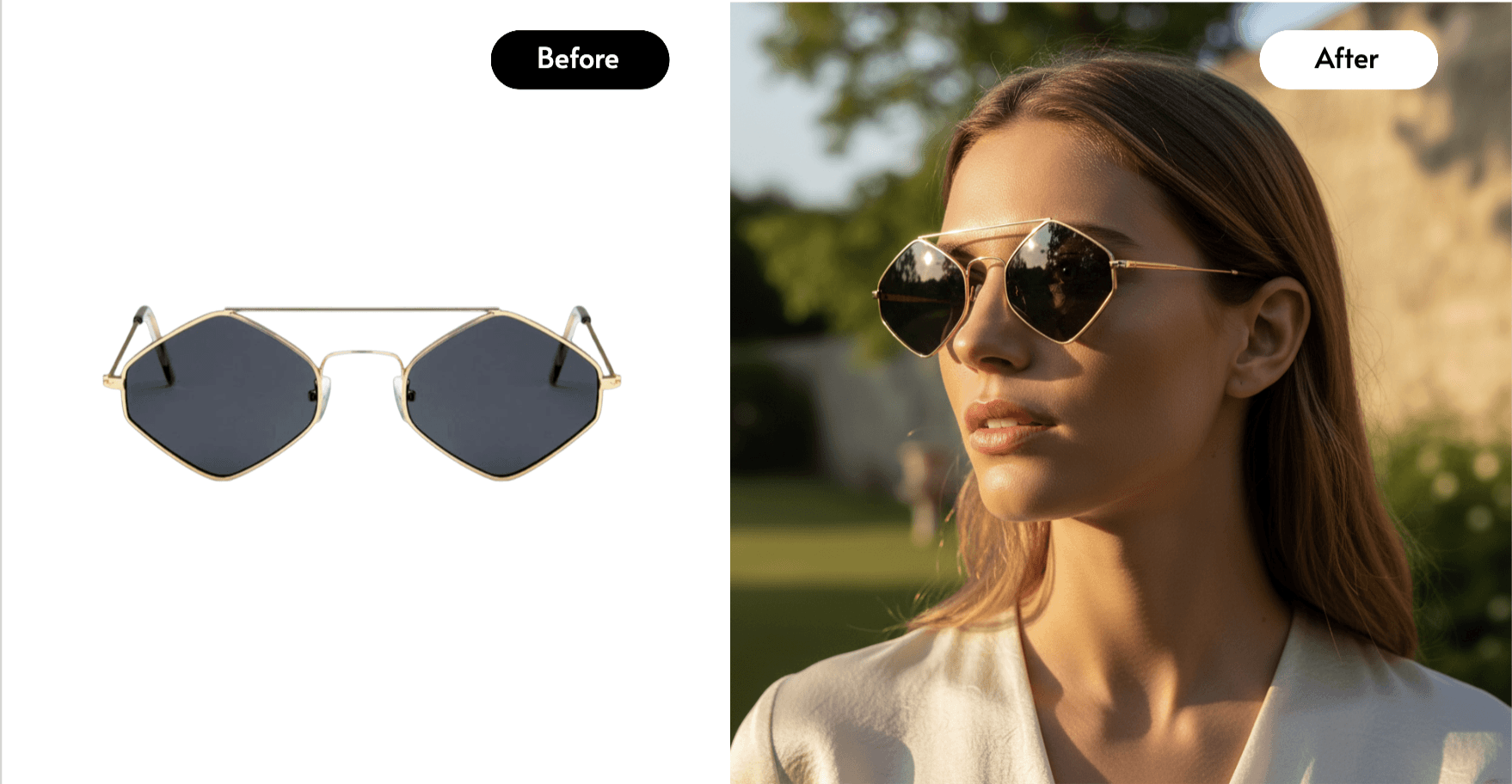 AI-generated lifestyle product photo of hexagon sunglasses worn by a woman in a garden