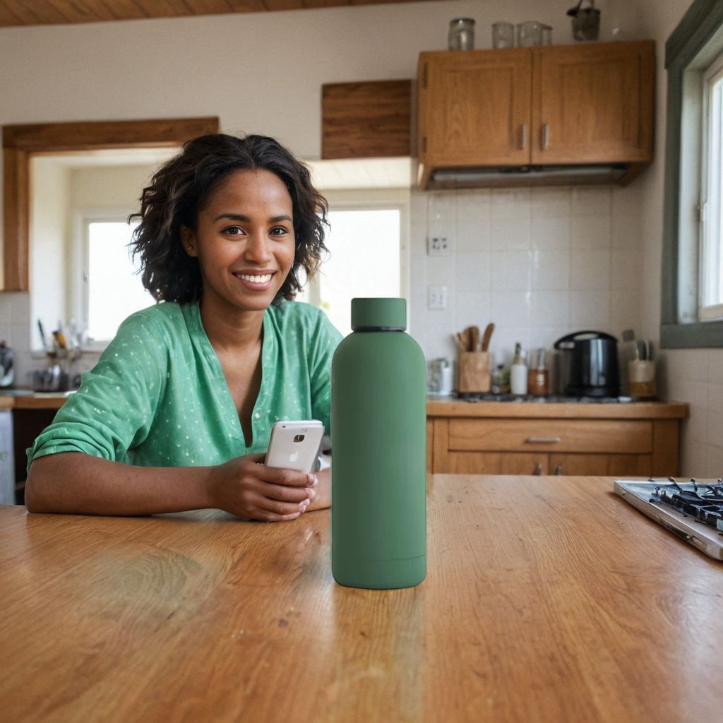 AI-generated lifestyle photo of woman in wooden kitchen smiling behind green bottle