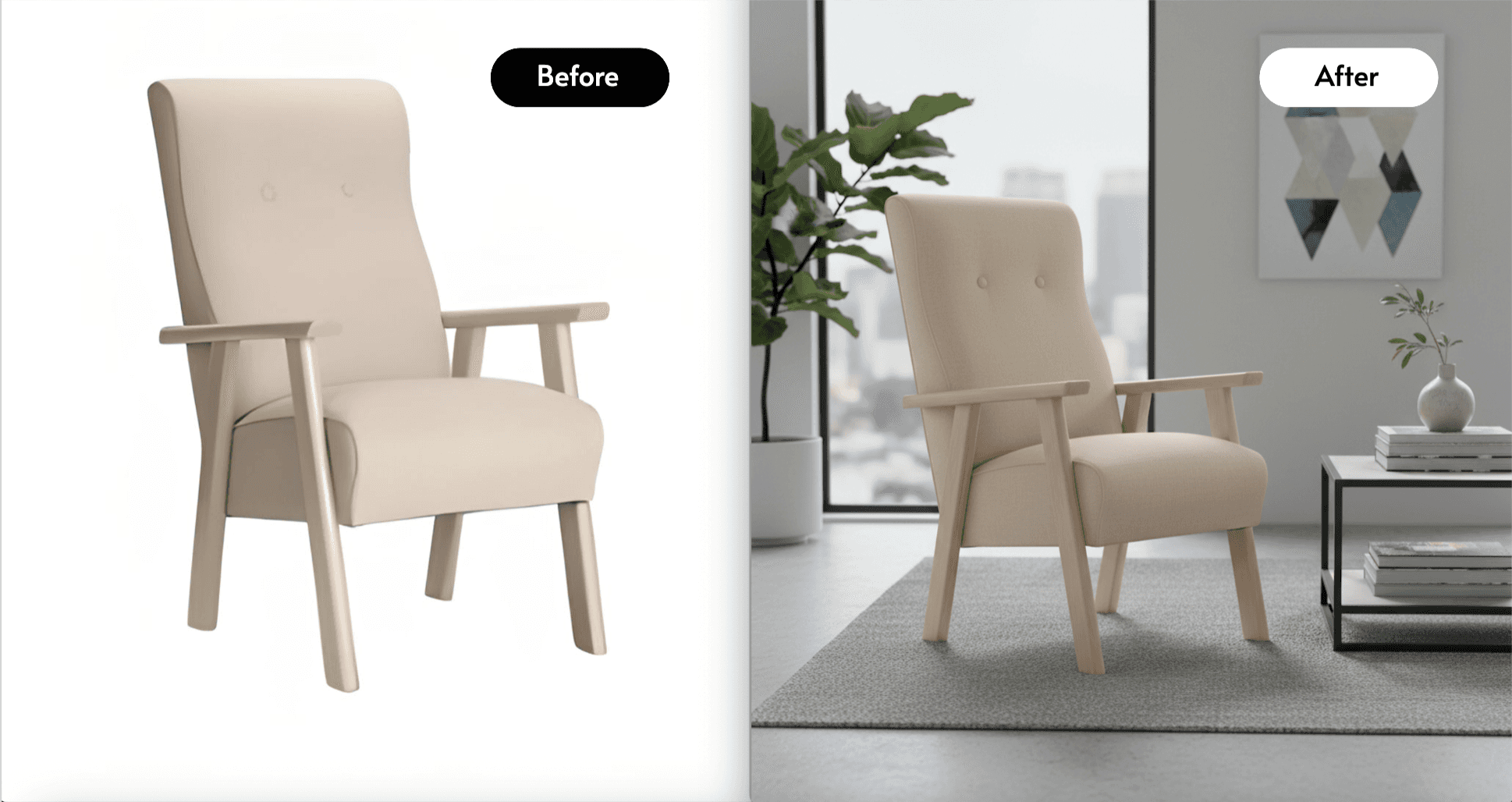 Before and after AI furniture product photo of white sofa chair in festive room