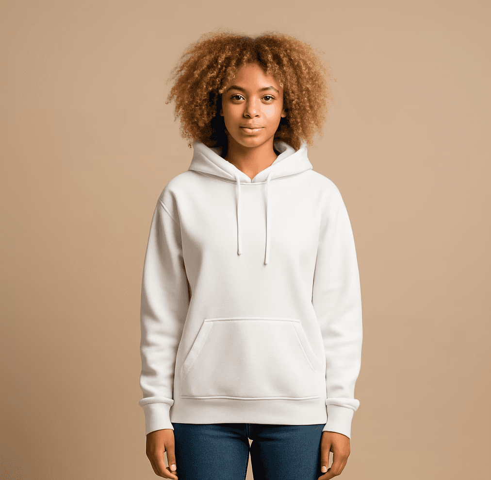 AI-generated model wearing white hoodie in a lifestyle product photo