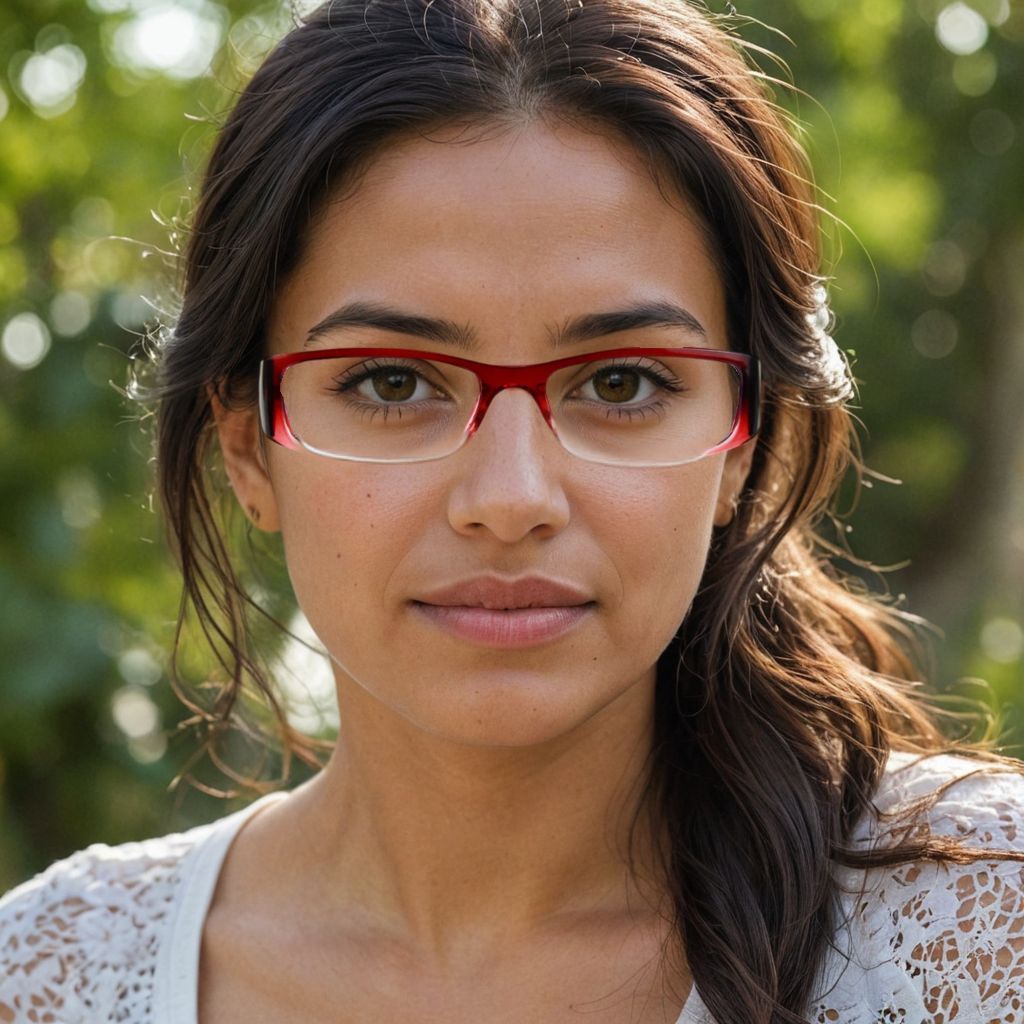 AI-generated lifestyle photo of hispanic woman modelling red glasses for product listing