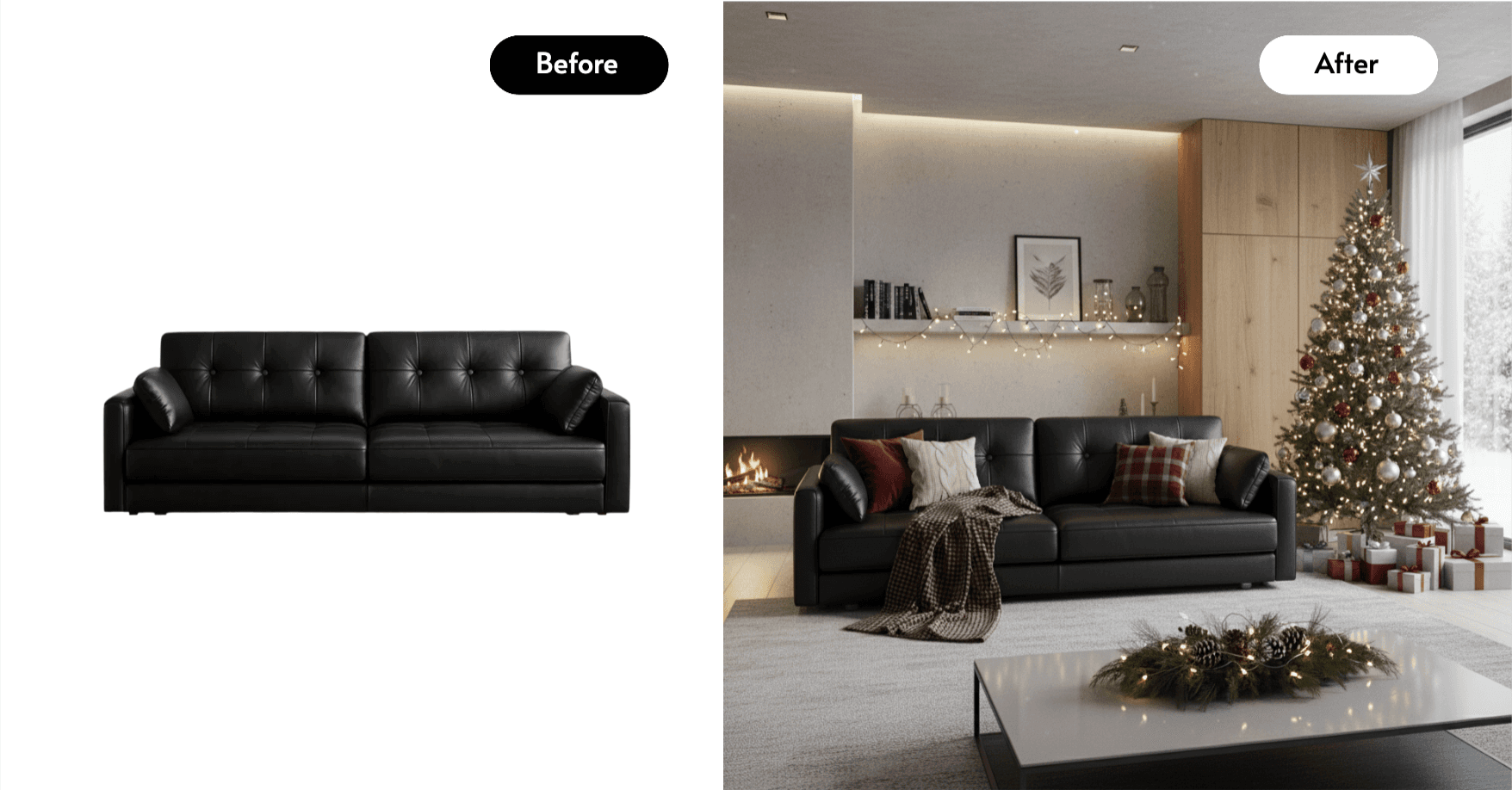 Before and after Caspa AI lifestyle photo of black leather sofa with festive holiday decor