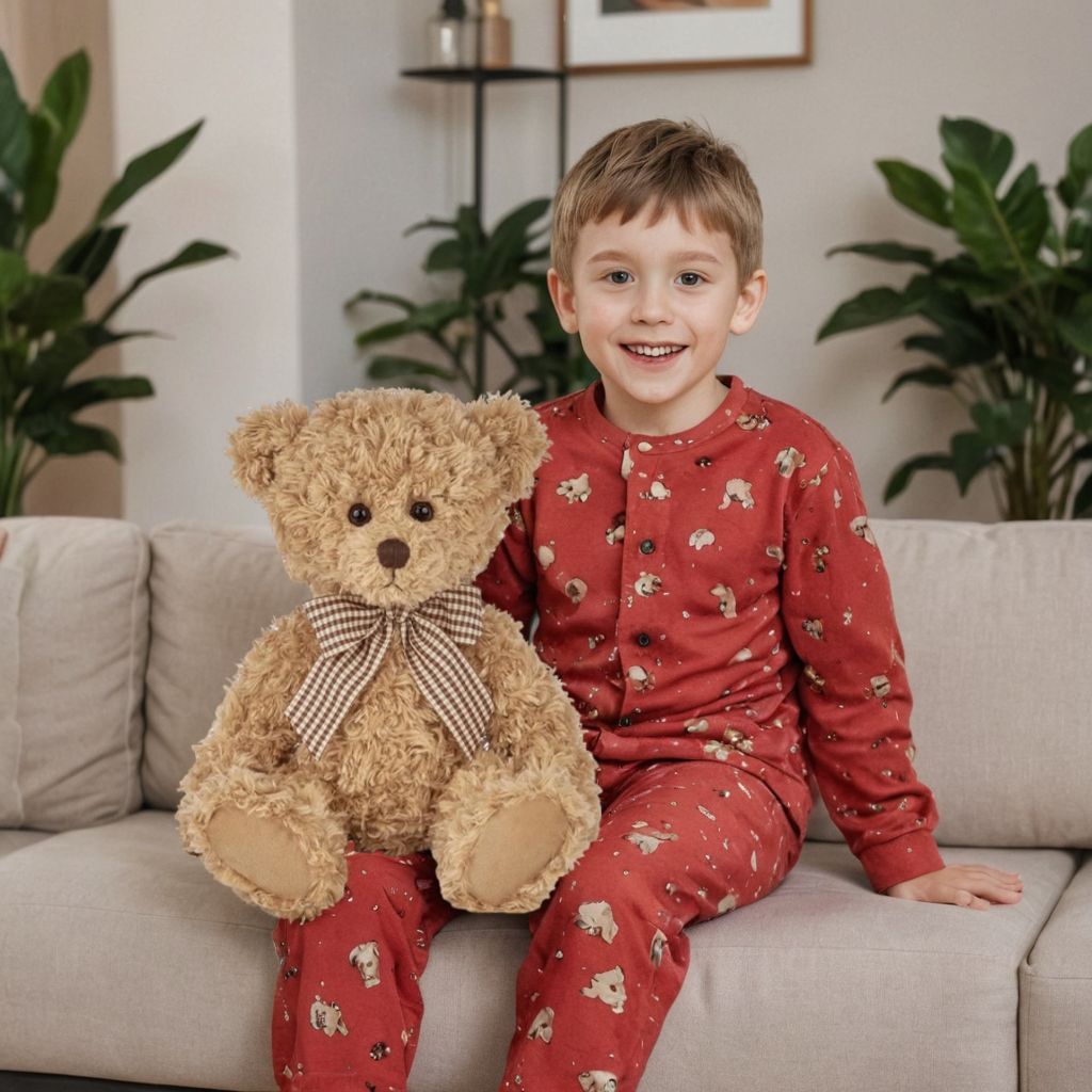 AI-generated lifestyle photo of boy in red pyjamas holding teddy bear