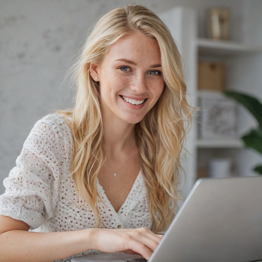 Woman working on her laptop building an ecommerce business from her kitchen