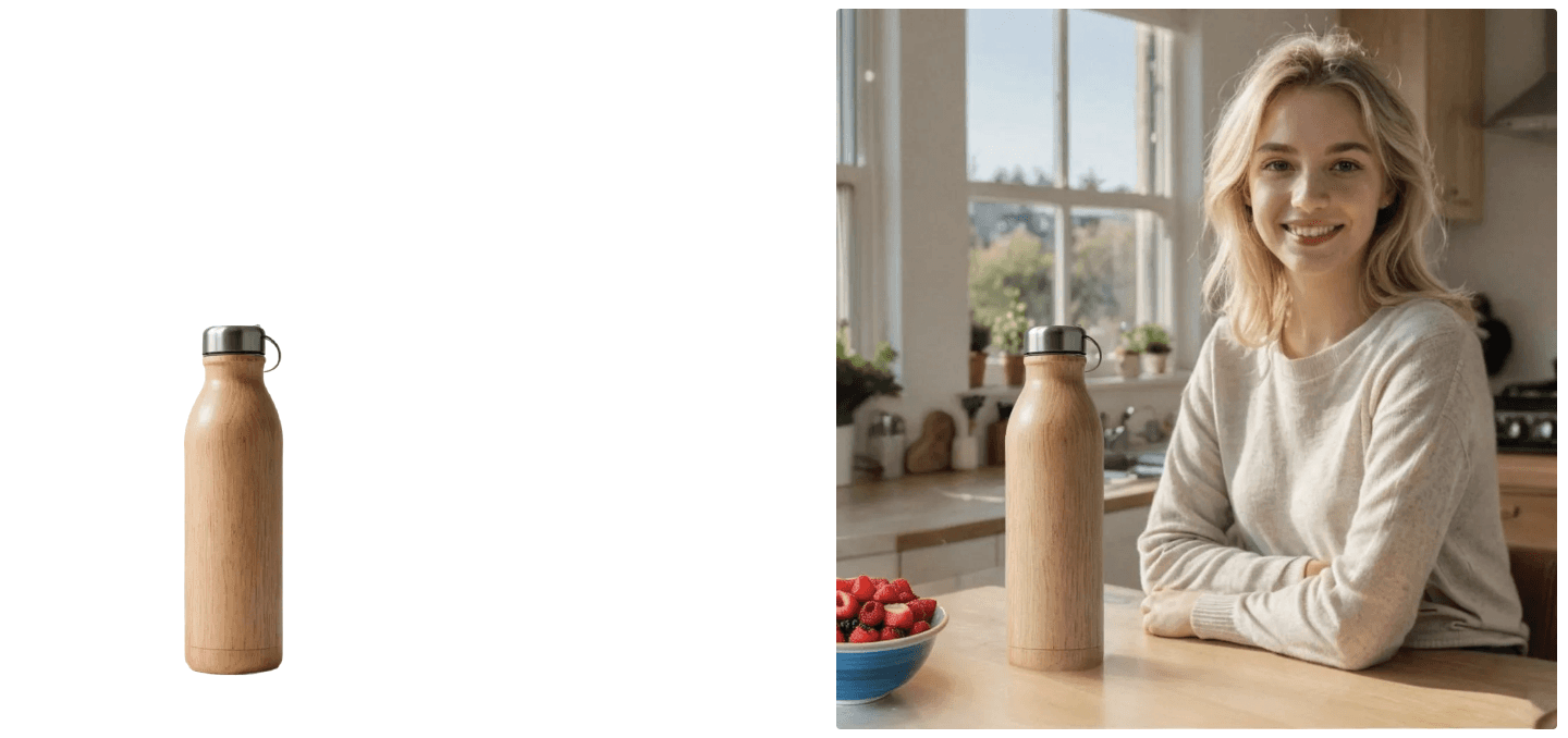 Before and after AI product photo of wooden bottle with lifestyle kitchen scene