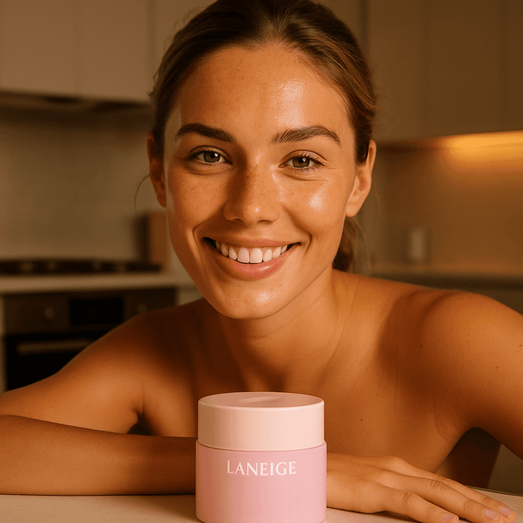 AI-enhanced ecommerce product image of model with pink skincare tub in kitchen