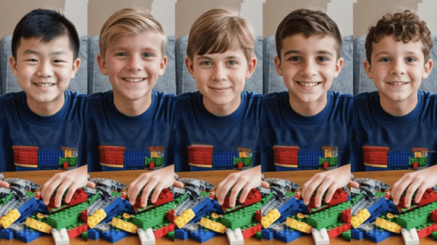 AI-edited marketing image showing five boys of different ethnicities playing with lego